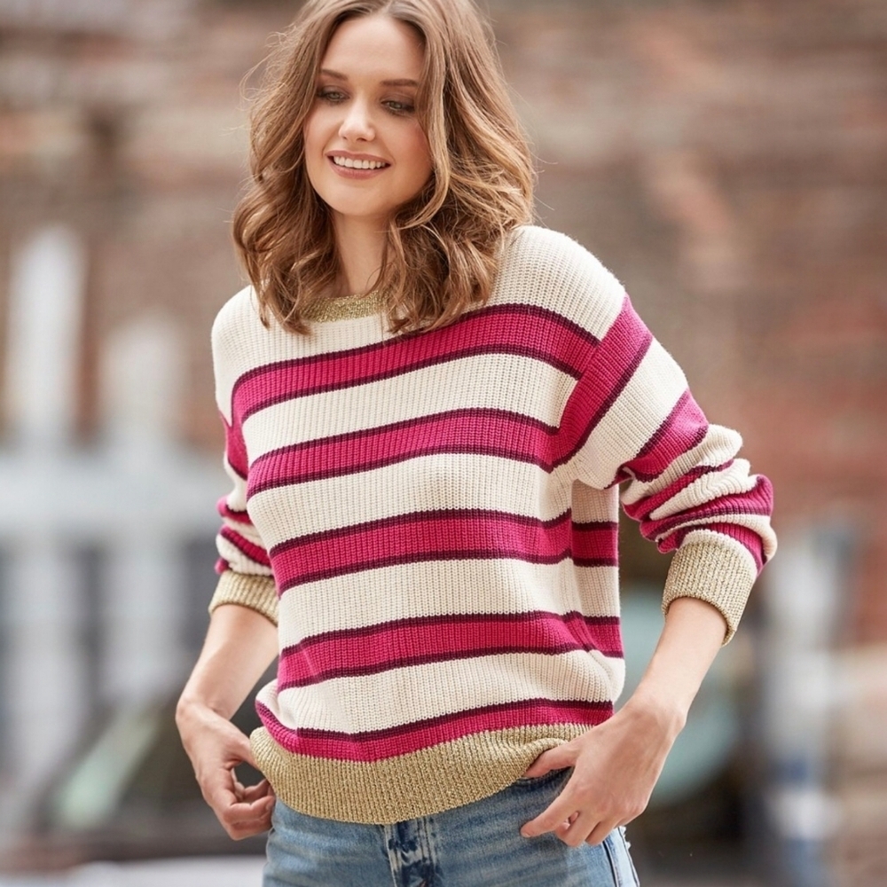 Retro Lurex Trim Metallic Striped Sweater - Cozy Chunky Knit - 525 America - XL